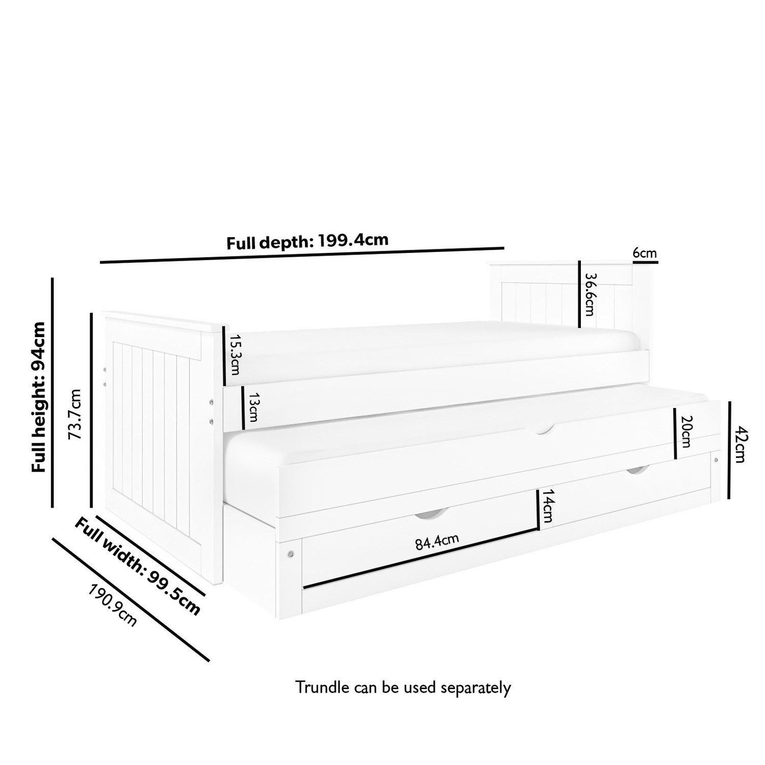 White Single Guest Bed with Storage Drawers and Trundle - Sander
