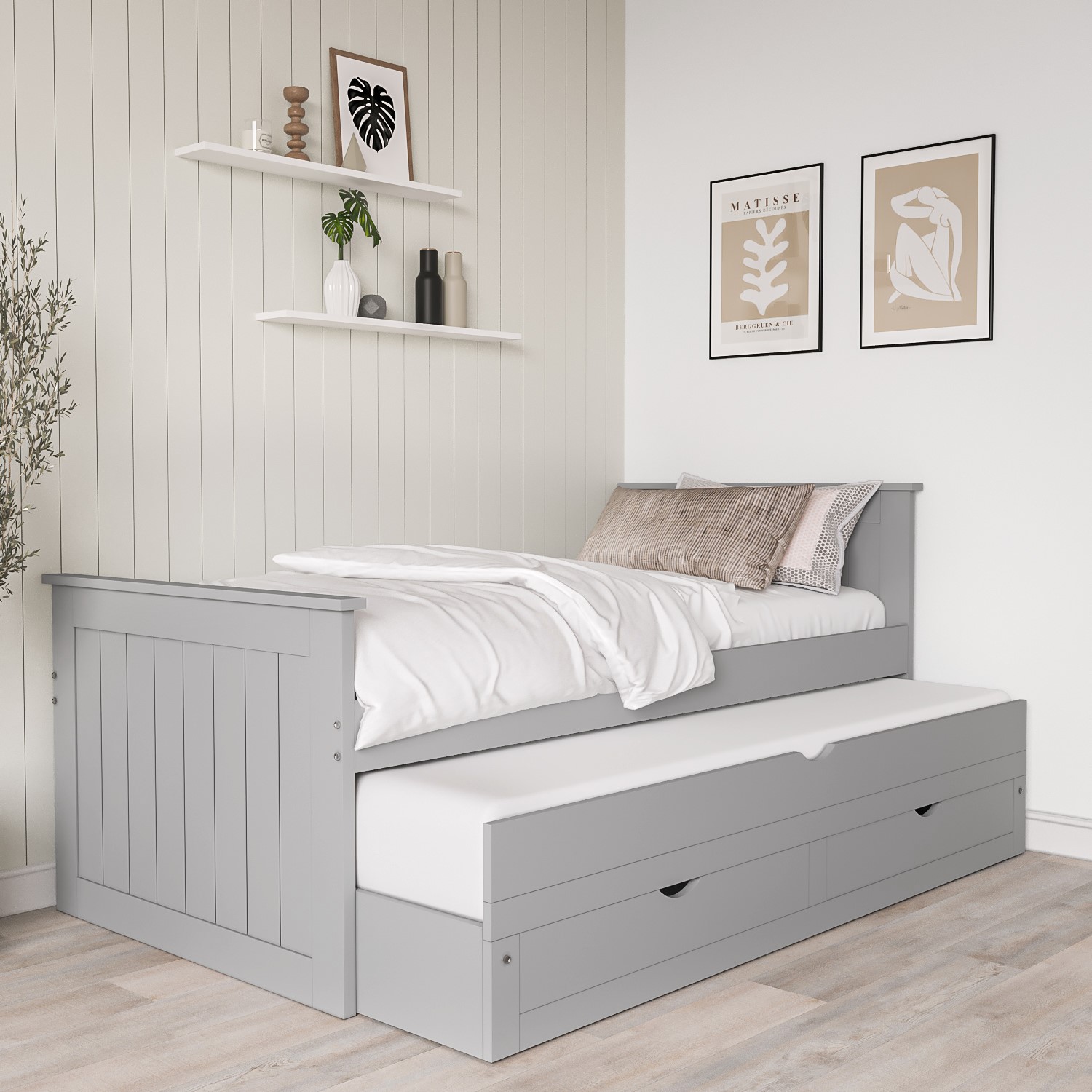 Photo of Single grey wooden trundle bed with storage - sander