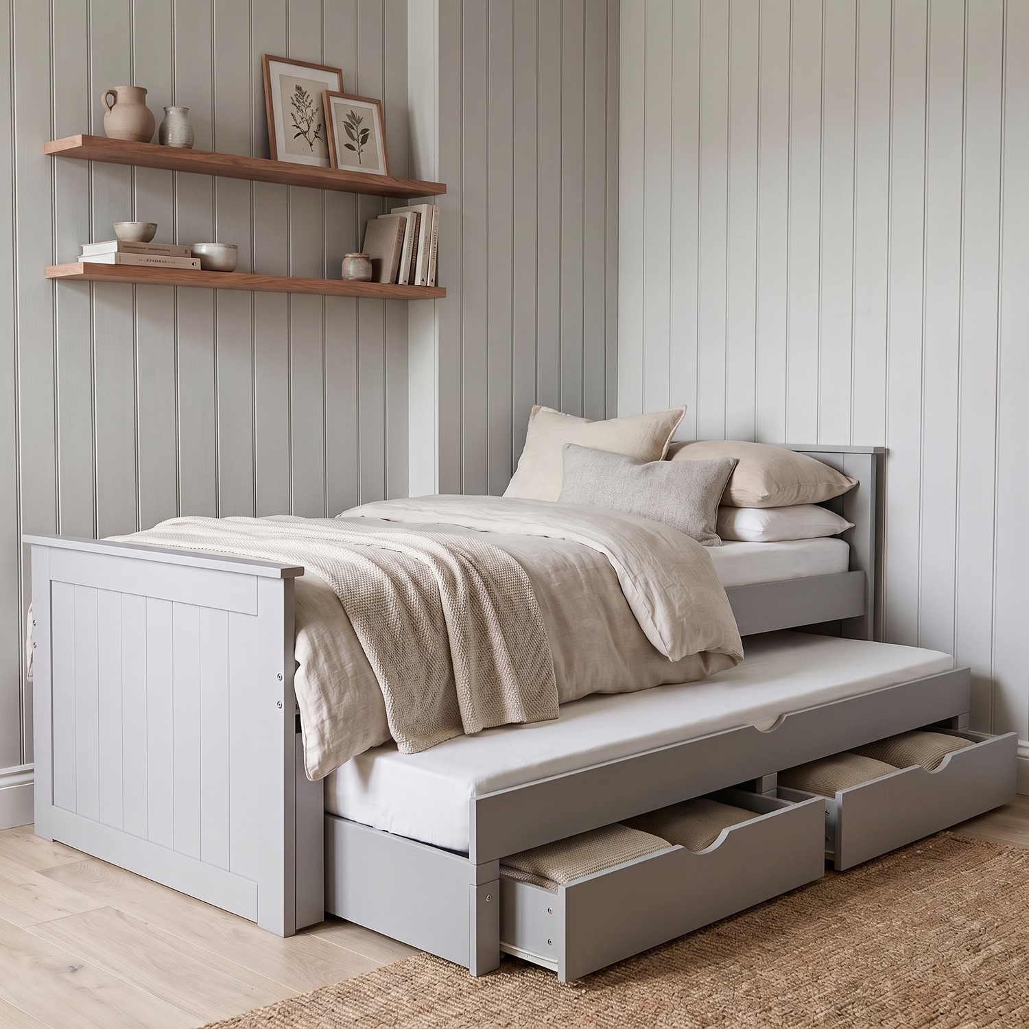 Single Wooden Trundle Bed Storage