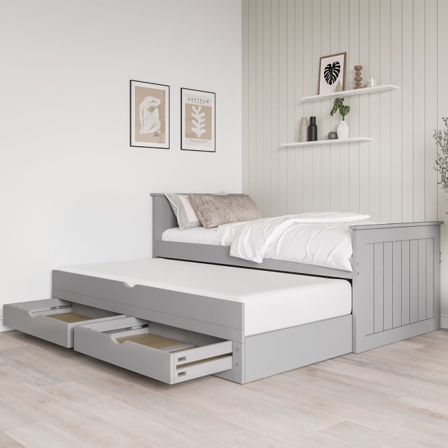 Single Grey Wooden Guest Bed with Storage and Trundle - Sander