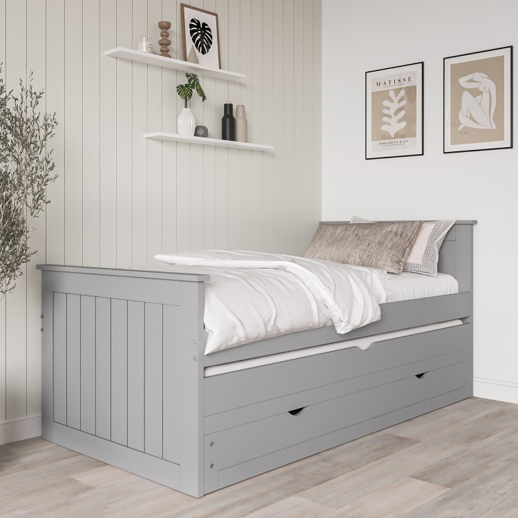 Single Grey Wooden Guest Bed with Storage and Trundle - Sander