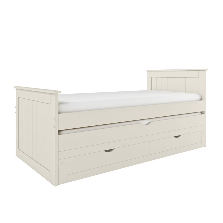 Single Cream Wooden Guest Bed with Storage and Trundle - Sander