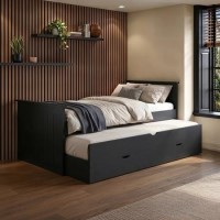 Single Black Wooden Guest Bed with Storage and Trundle - Sander