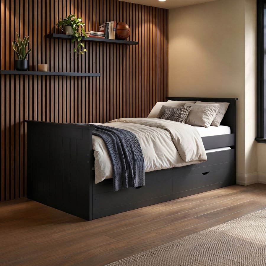 Single Black Wooden Guest Bed with Storage and Trundle - Sander
