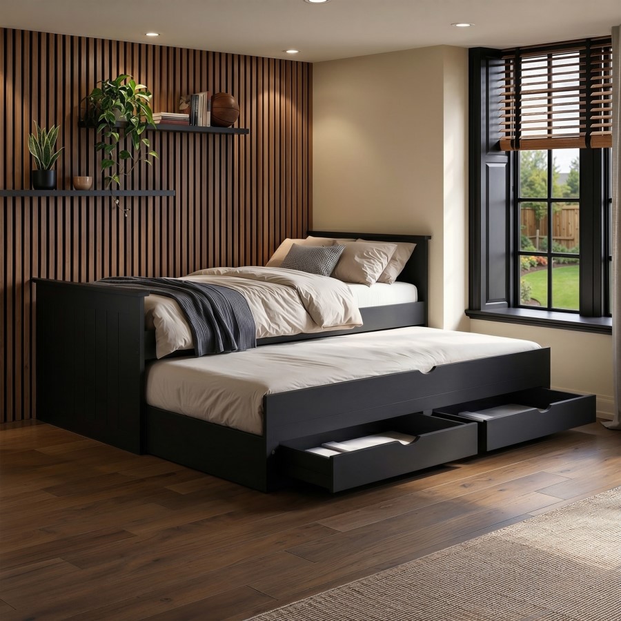 Single Black Wooden Guest Bed with Storage and Trundle - Sander