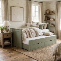Single Green Wooden Guest Bed with Storage and Trundle - Sander