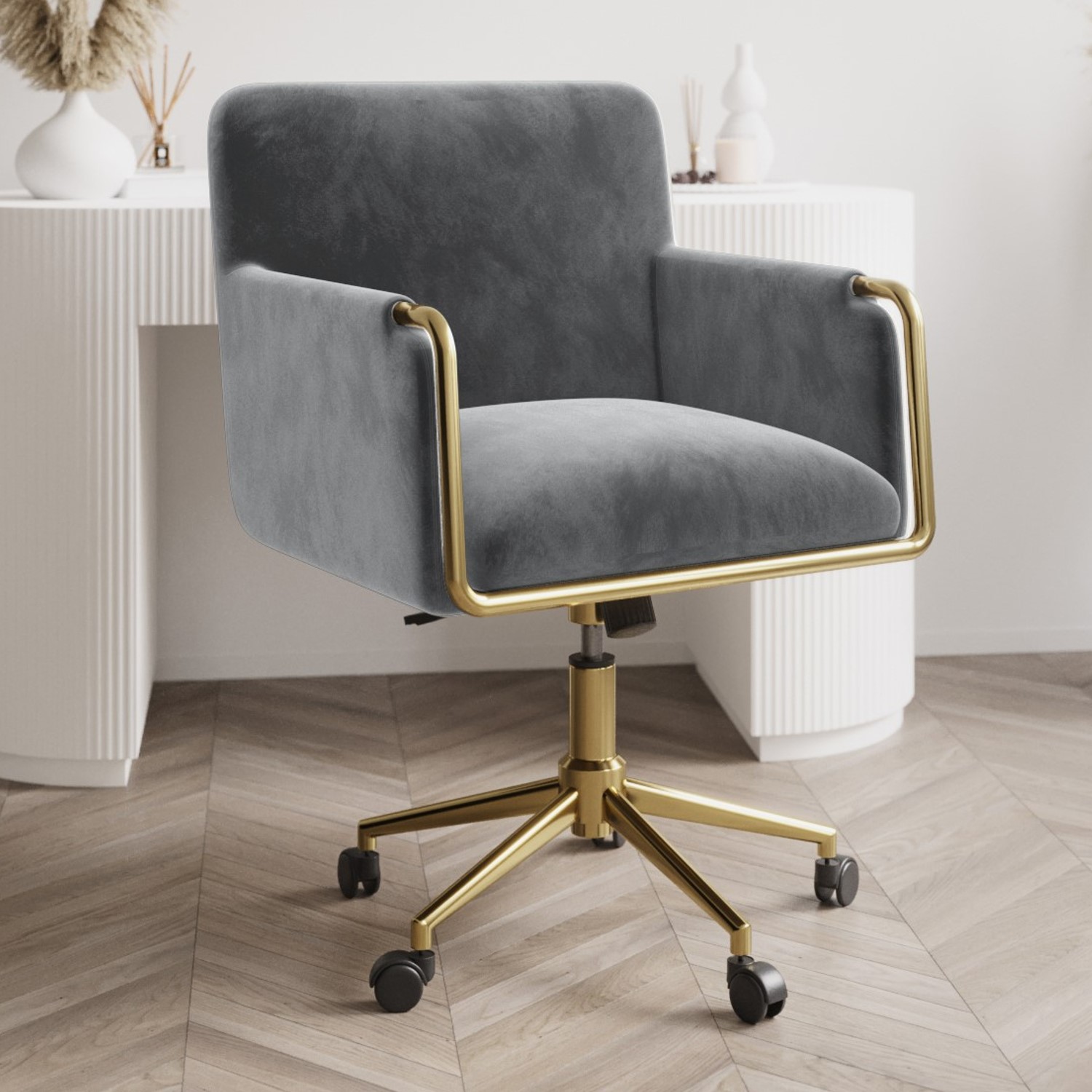 Photo of Grey velvet tub swivel office chair - sonny
