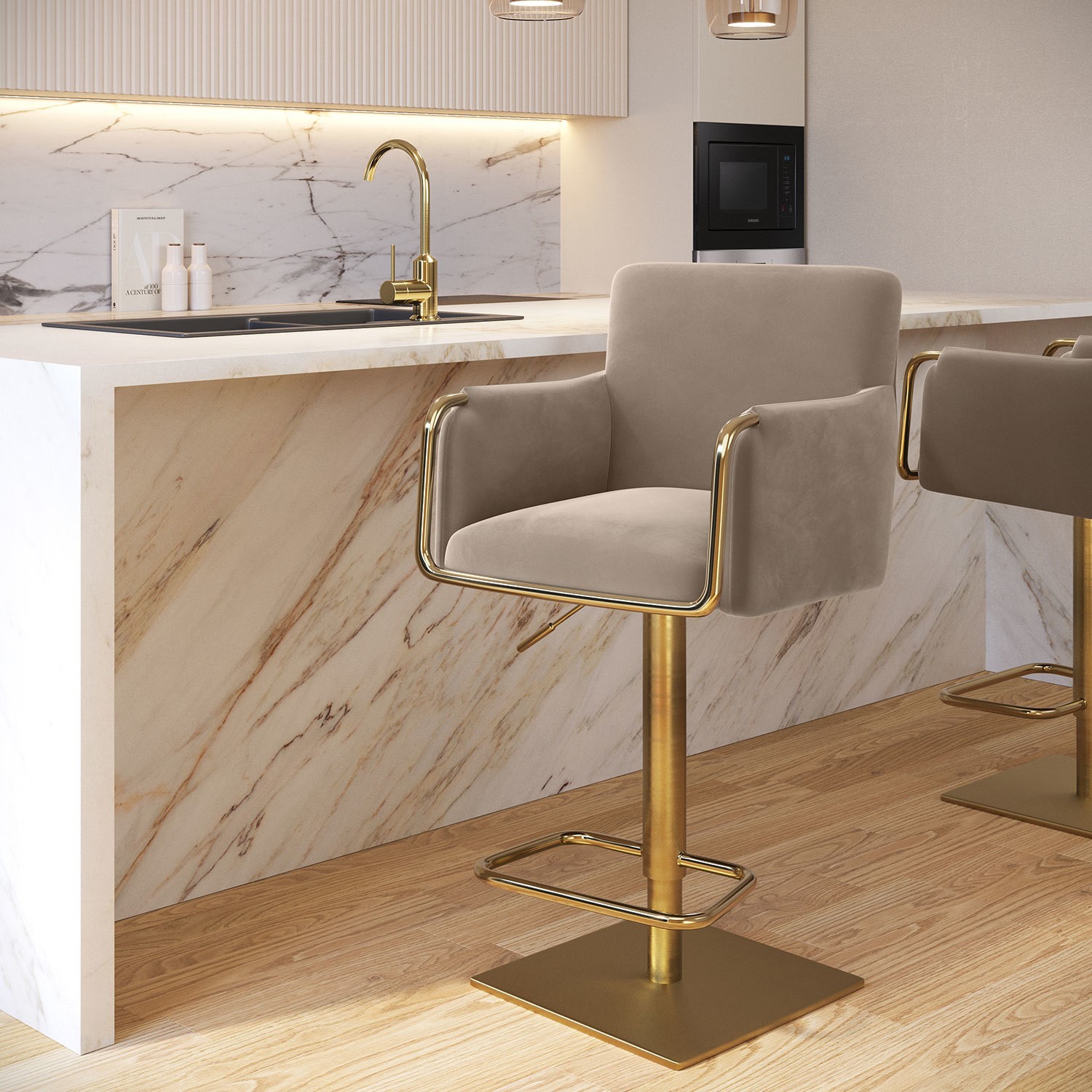 Sonny Beige Mink Velvet Adjustable Swivel Bar Stool With Gold Base