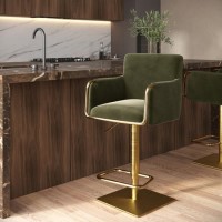 Olive Green Velvet Adjustable Swivel Bar Stool with Gold Base - Sonny