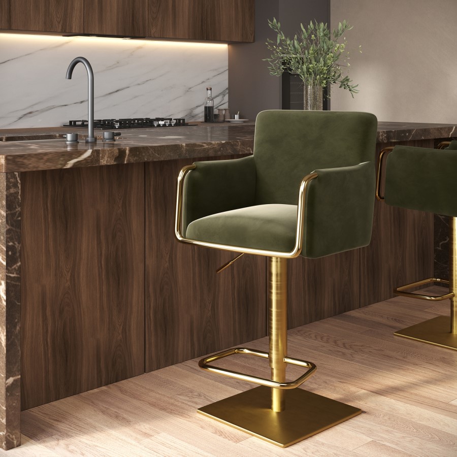 Olive Green Velvet Adjustable Swivel Bar Stool with Gold Base - Sonny