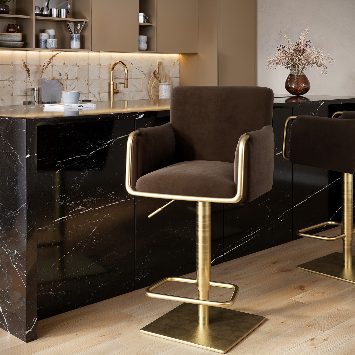 Sonny Brown Velvet Adjustable Swivel Bar Stool With Gold Base