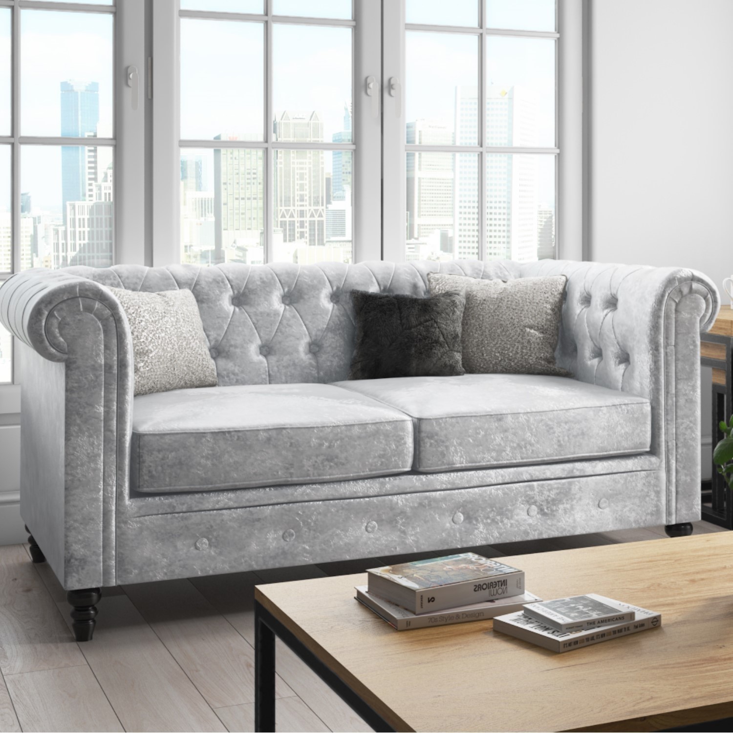Orleans Silver Crushed Velvet Sofa - 2 Seater Chesterfield - Furniture123