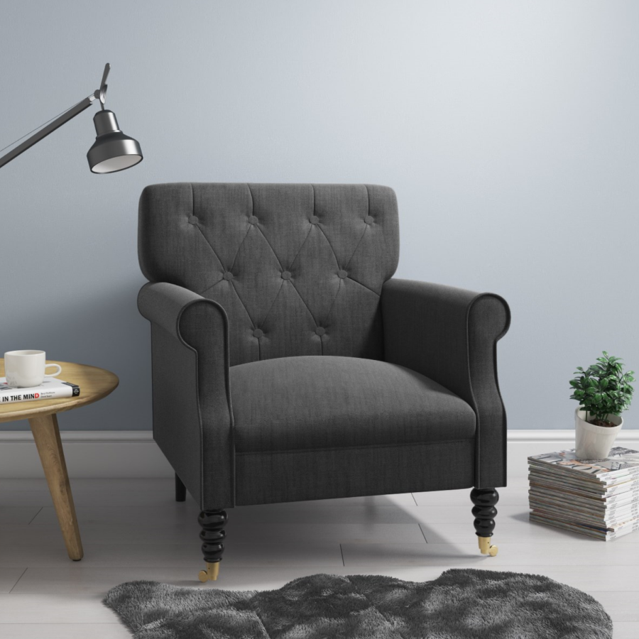 Fletcher Dark Grey Fabric Armchair with Button Back Detail