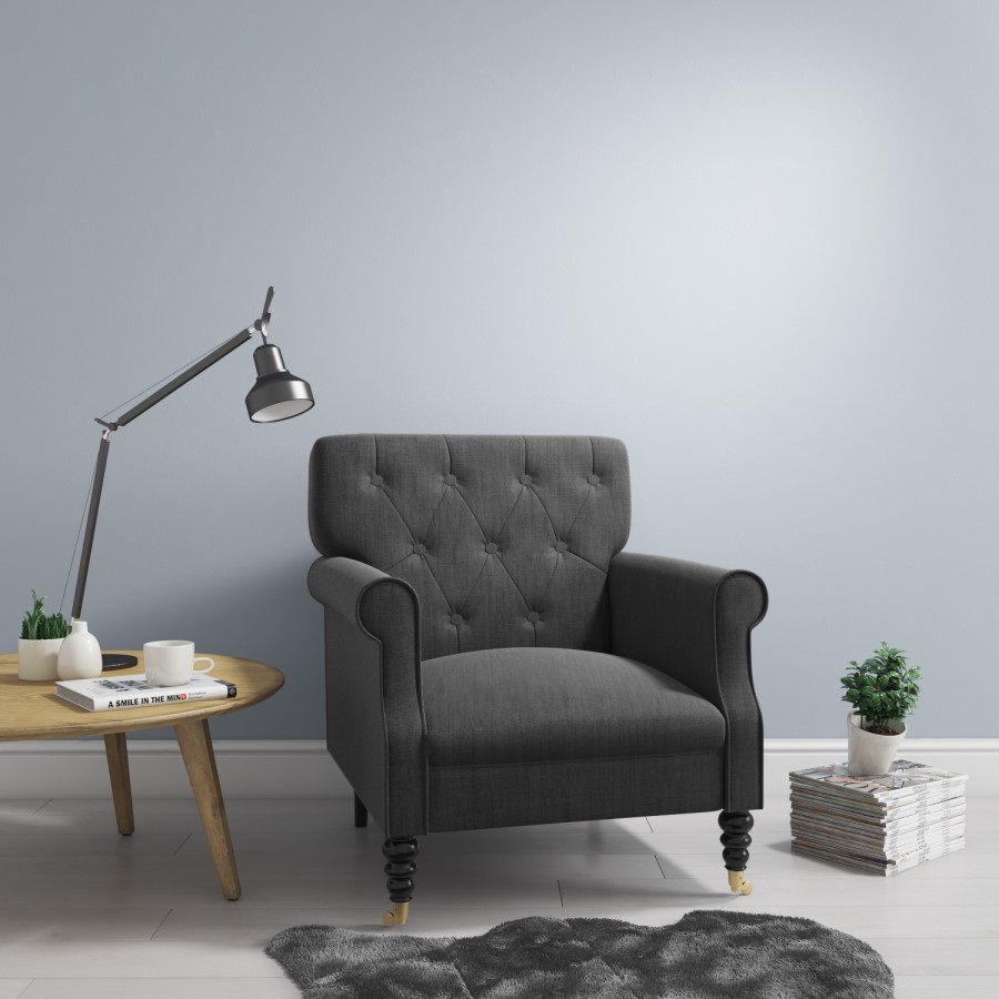 Fletcher Dark Grey Fabric Armchair with Button Back Detail
