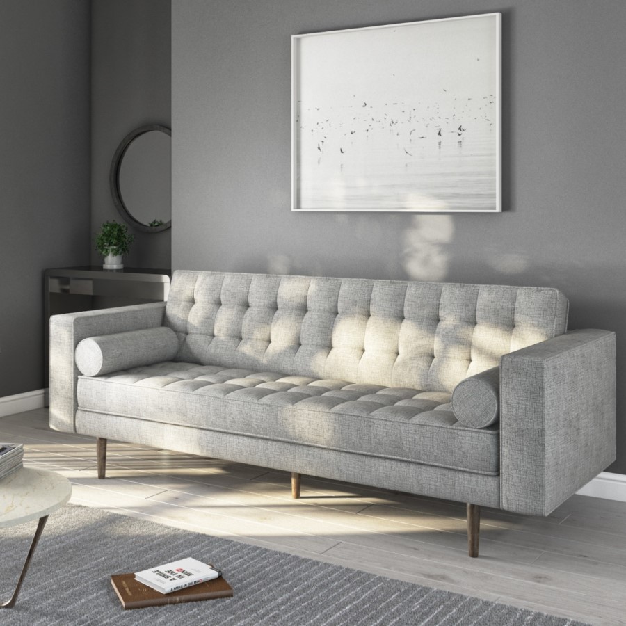 Buttoned Light Grey Sofa - 3 Seater with Cushions - Elba