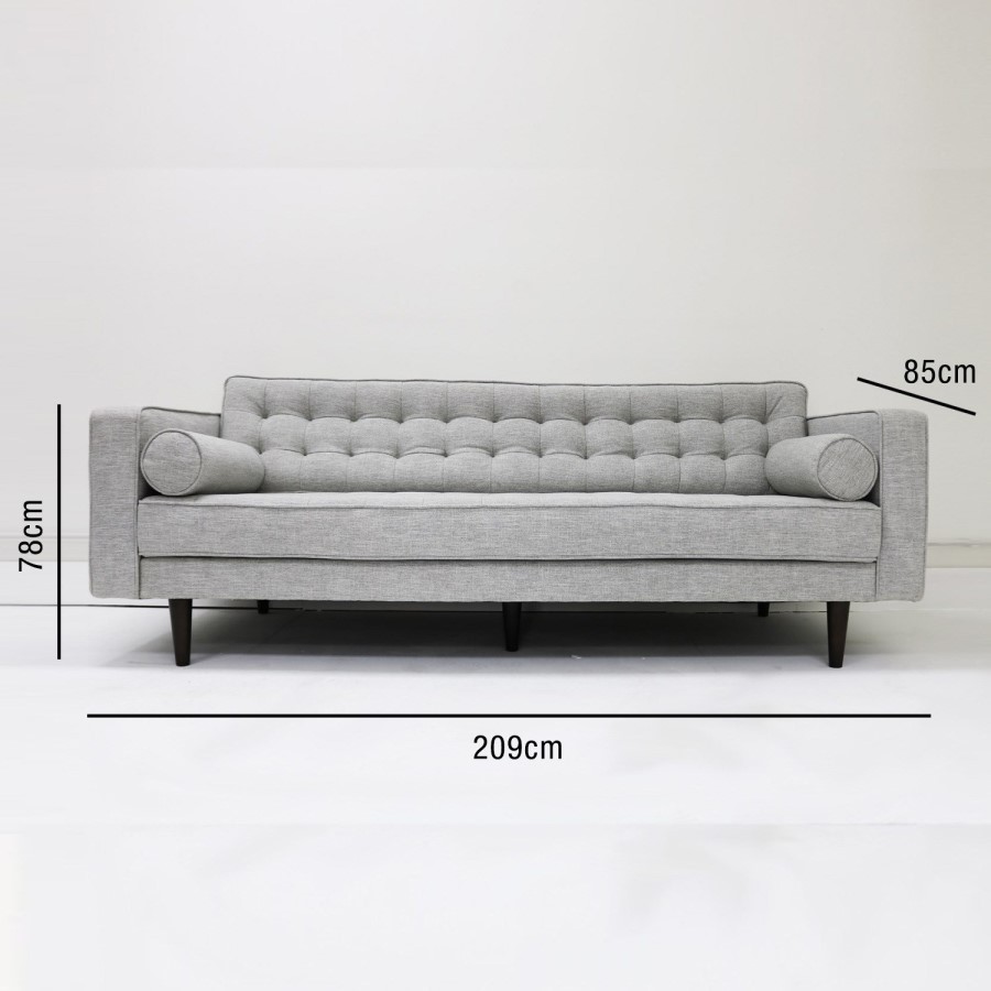 Buttoned Light Grey Sofa - 3 Seater with Cushions - Elba