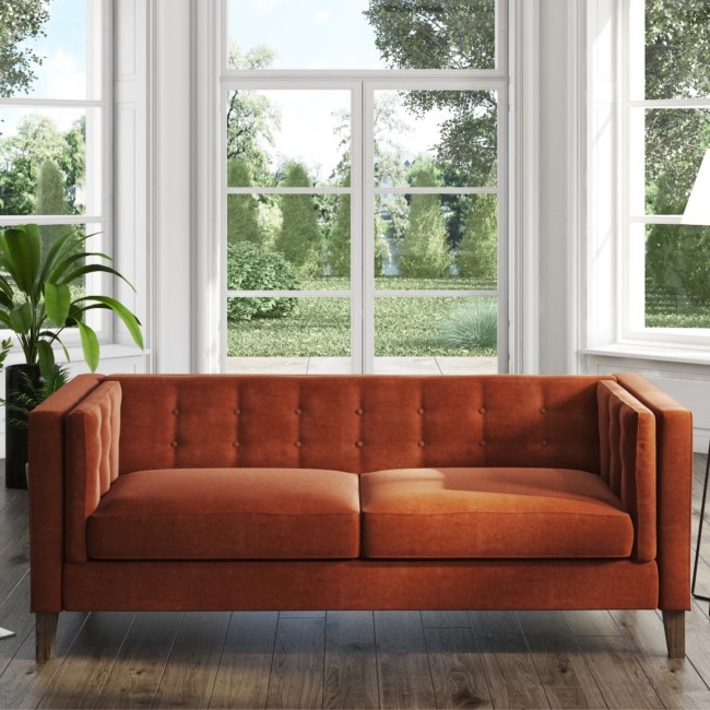 GRADE A2 - Orange Velvet Sofa with Squared Arms & Button Back - Seats 3 - Bailey