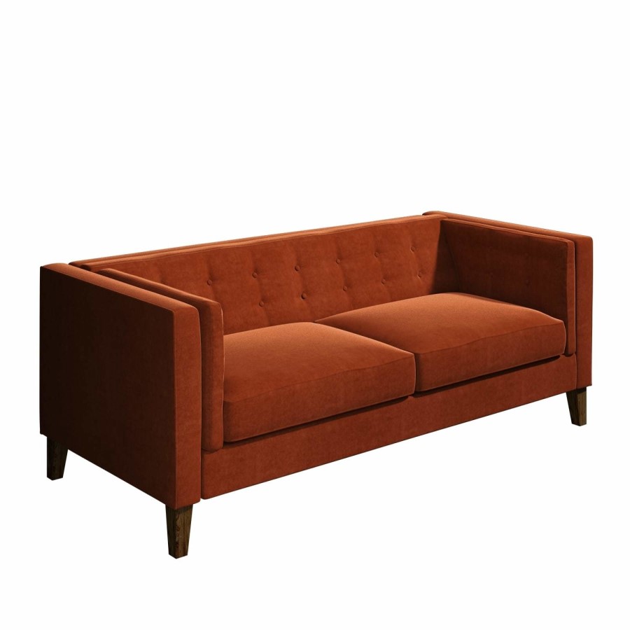 GRADE A2 - Orange Velvet Sofa with Squared Arms & Button Back - Seats 3 - Bailey