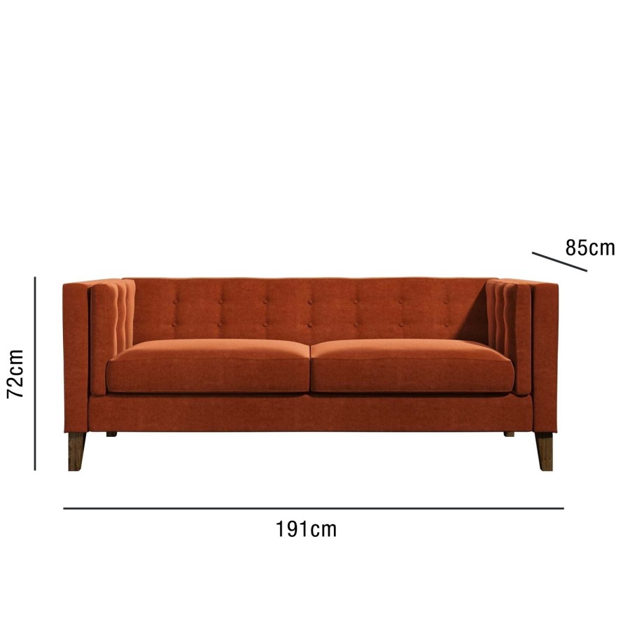 GRADE A2 - Orange Velvet Sofa with Squared Arms & Button Back - Seats 3 - Bailey