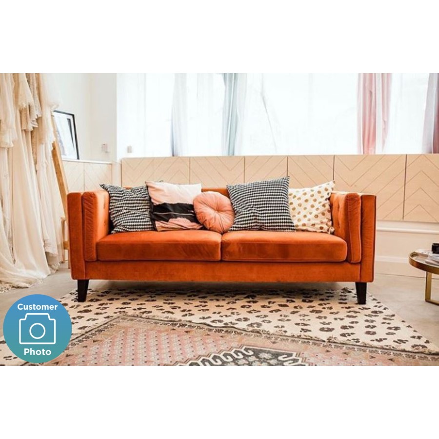 GRADE A2 - Orange Velvet Sofa with Squared Arms & Button Back - Seats 3 - Bailey