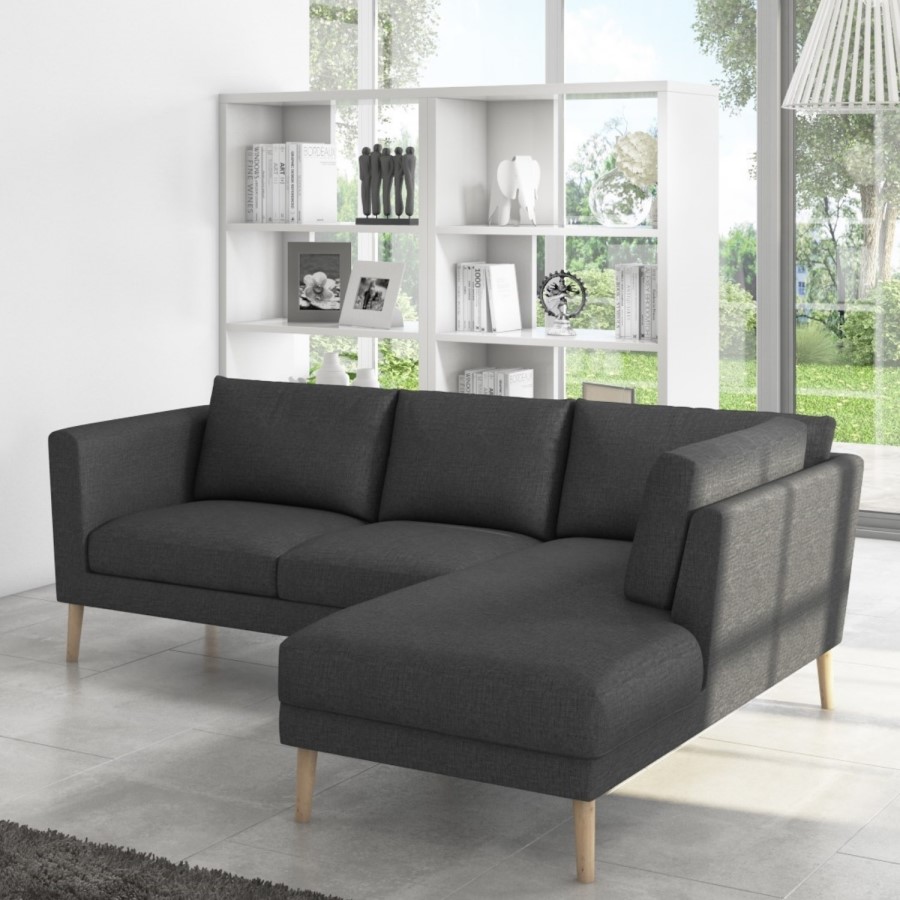 Right Hand Grey Corner 3 Seater Sofa in Fabric with Chaise - Mckinley
