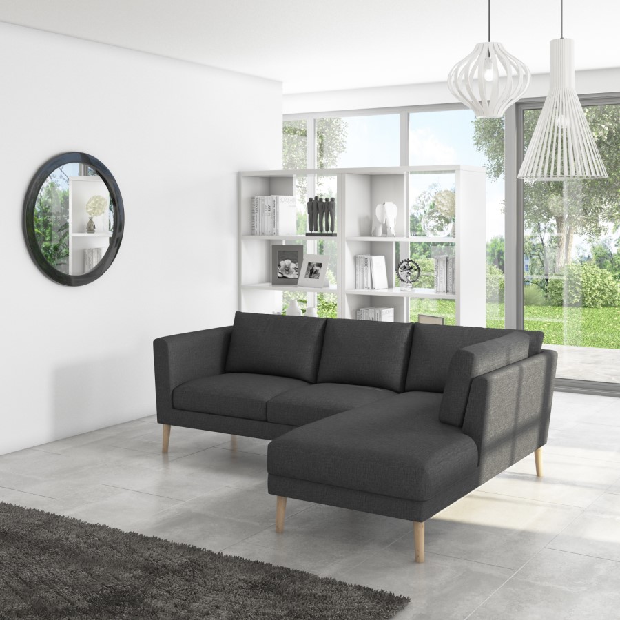 Right Hand Grey Corner 3 Seater Sofa in Fabric with Chaise - Mckinley
