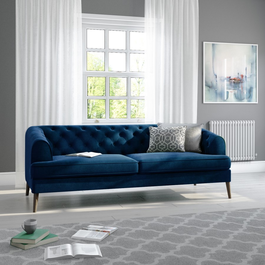 GRADE A2 - Inez Blue Velvet Chesterfield Sofa - Seats 3