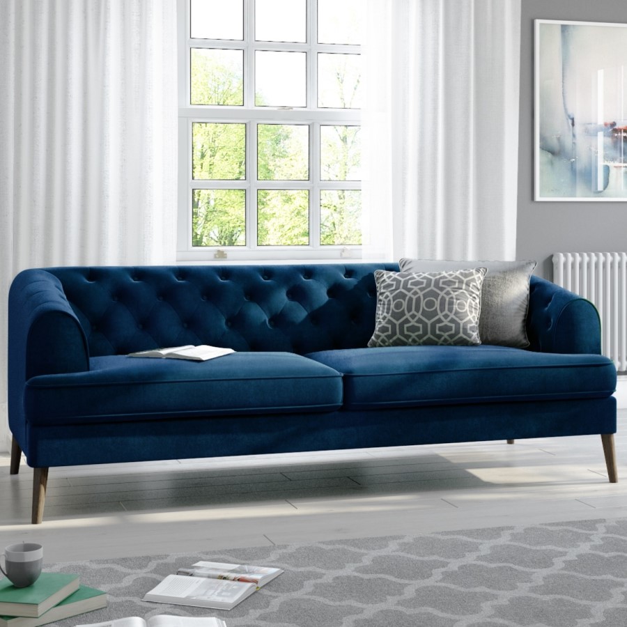 GRADE A2 - Inez Blue Velvet Chesterfield Sofa - Seats 3