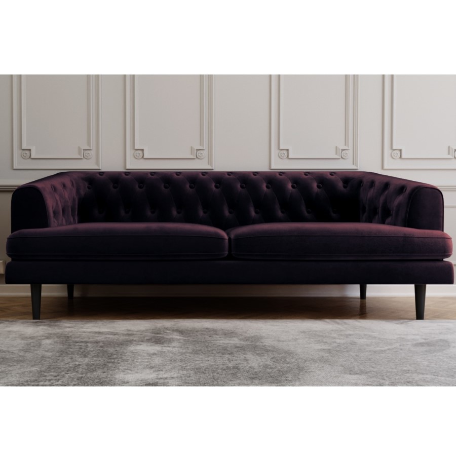 GRADE A1 - Inez Chesterfield Sofa in Aubergine Dark Purple Velvet - Seats 3