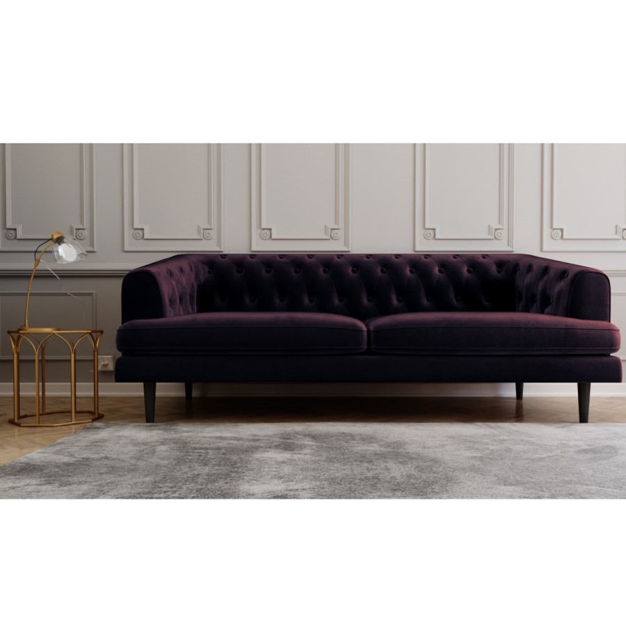 GRADE A1 - Inez Chesterfield Sofa in Aubergine Dark Purple Velvet - Seats 3