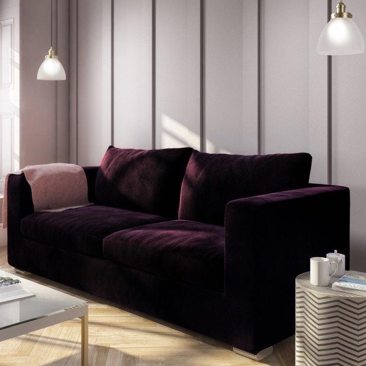 GRADE A1 - 3 Seater Velvet Sofa in Dark Purple Aubergine - Clara