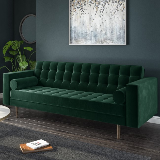 GRADE A1 - Elba 3 Seater Sofa in Dark Green Velvet with Button Detailing & Bolster Cushions