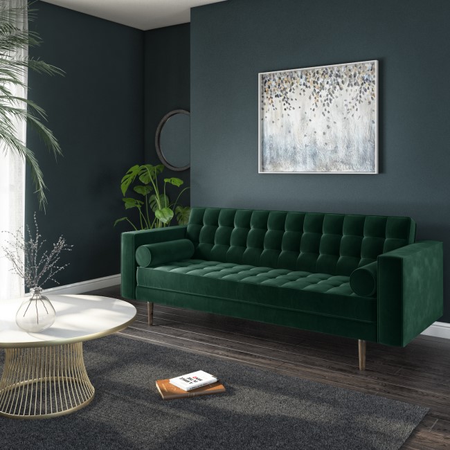 GRADE A1 - Elba 3 Seater Sofa in Dark Green Velvet with Button Detailing & Bolster Cushions