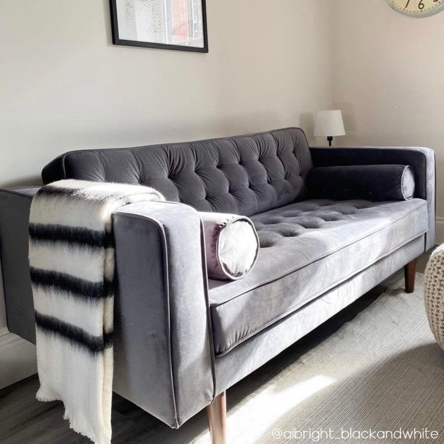 Grey Velvet 3 Seater Mid Century Quilted Sofa - Elba