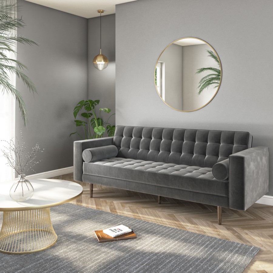 GRADE A1 - Buttoned Grey Velvet Sofa - 3 Seater with Cushions - Elba