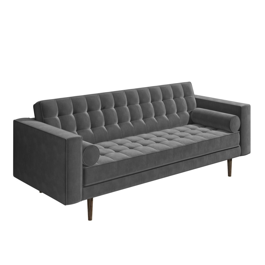 Grey Velvet 3 Seater Mid Century Quilted Sofa - Elba