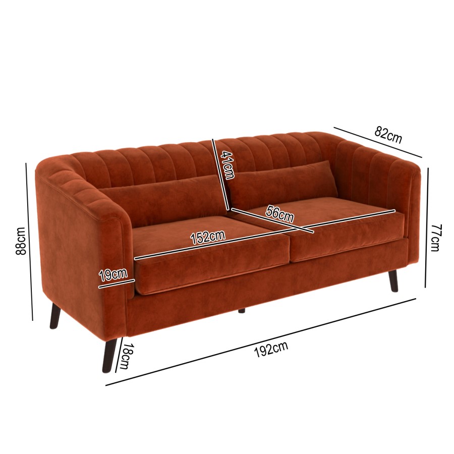 GRADE A1 - Orange Velvet 3 Seater Sofa with Cushions - Mid Century Style - Lotti