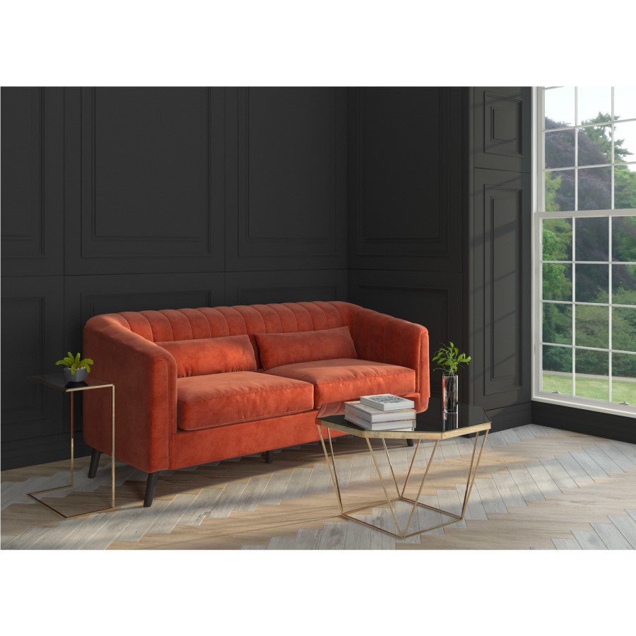 GRADE A1 - Orange Velvet 3 Seater Sofa with Cushions - Mid Century Style - Lotti