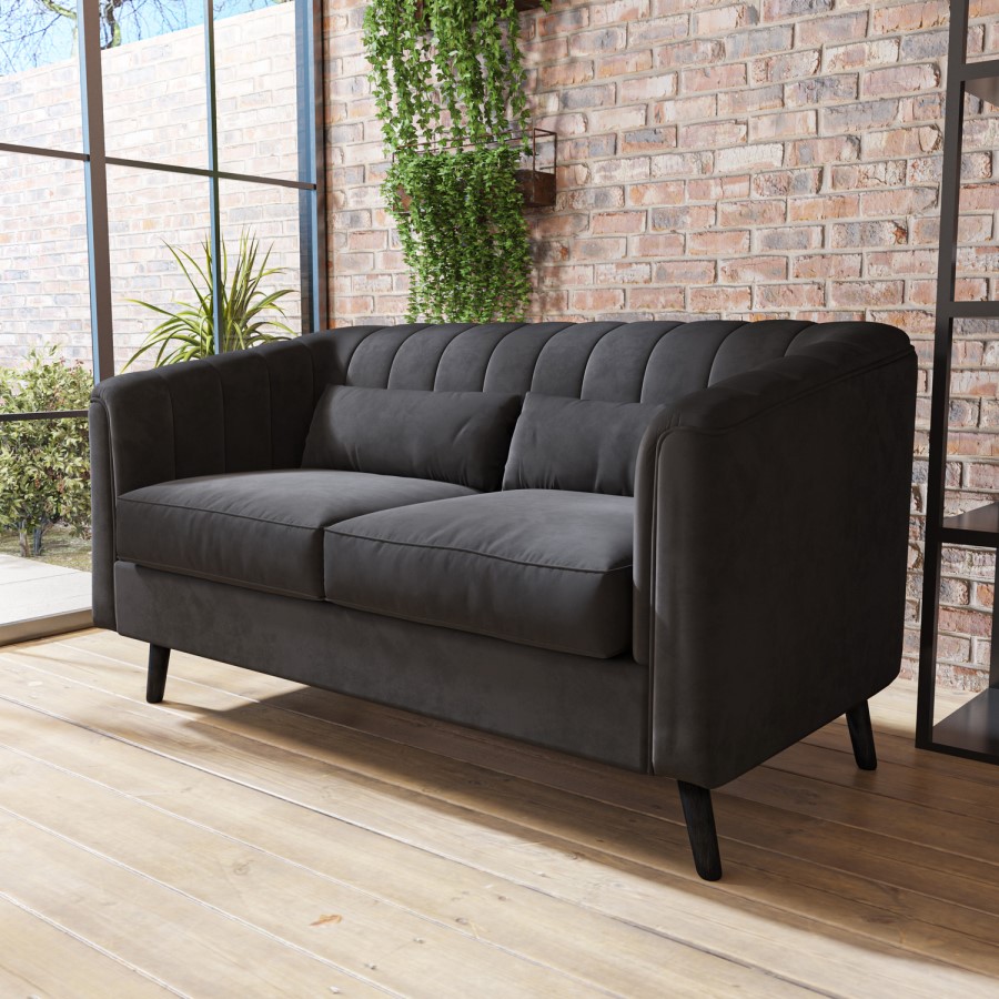 Dark Grey Quilted Velvet 2 Seater Sofa - Lotti