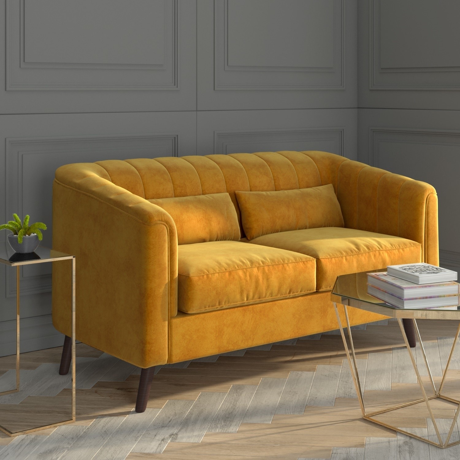 Lotti Mustard Yellow Velvet 2 Seater Sofa With Removable Cushions Furniture123