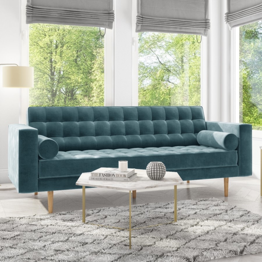 Buttoned Light Blue Sofa 3 Seater with Cushions - Elba