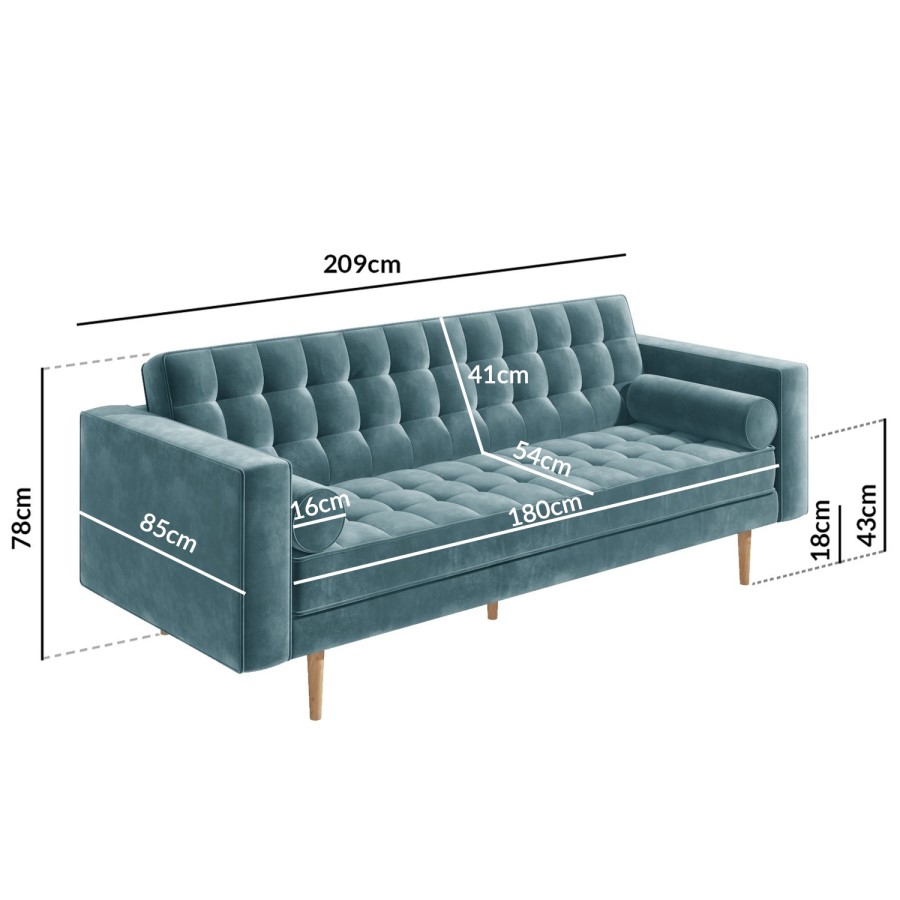 Buttoned Light Blue Sofa 3 Seater with Cushions - Elba