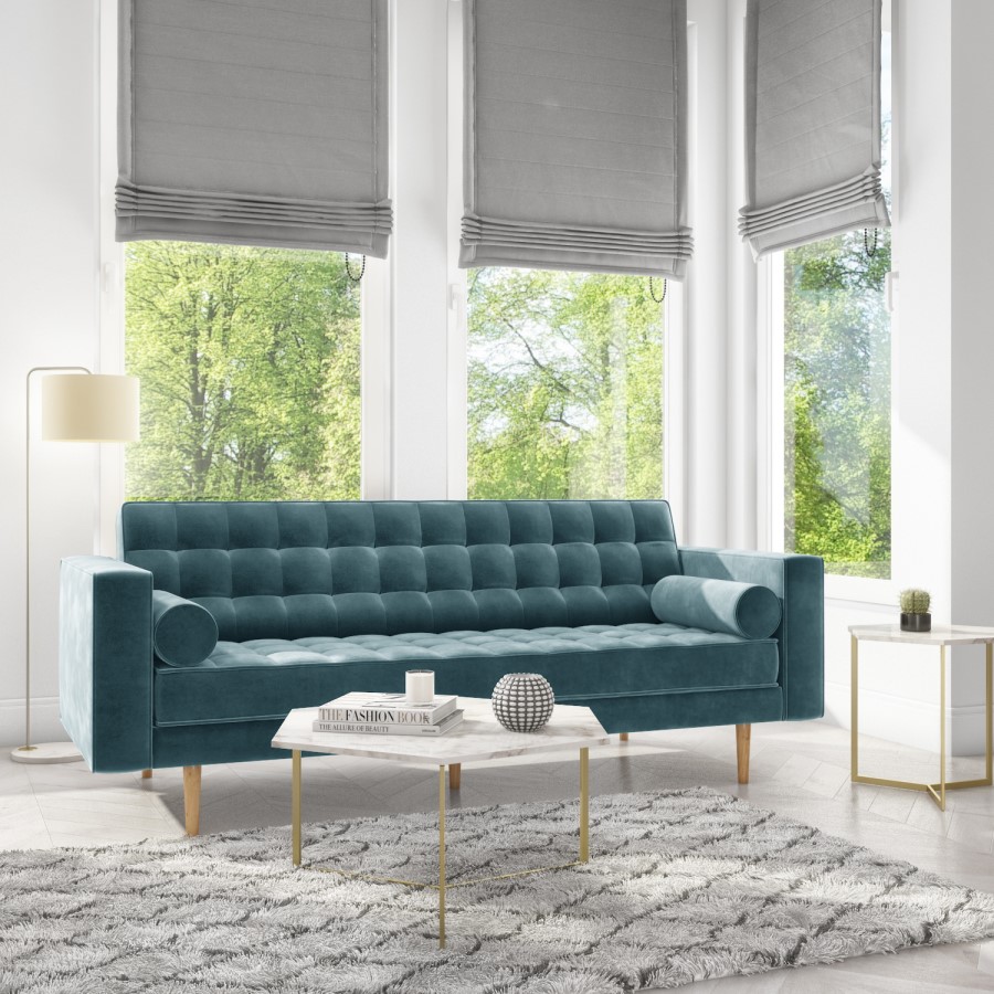 Buttoned Light Blue Sofa 3 Seater with Cushions - Elba