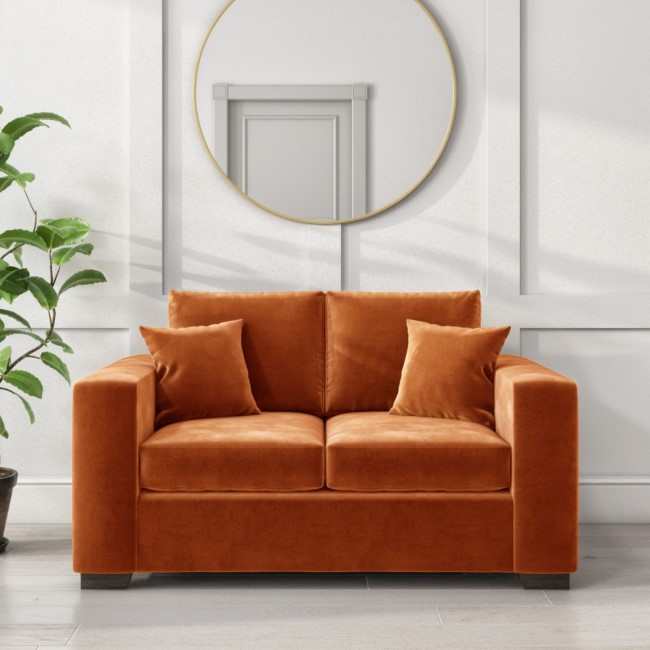 GRADE A2 - Velvet 2 Seater Sofa in Orange with 2 Scatter Cushions - Blair