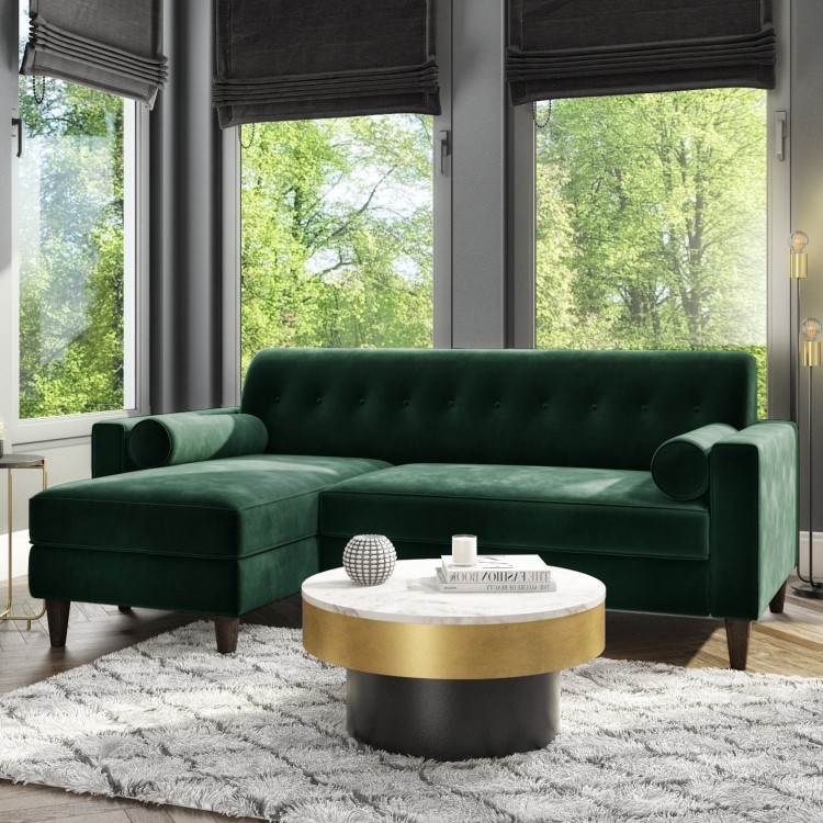 GRADE A2 - Green 3 Seater L Shaped Sofa in Velvet - Left Hand Facing - Idris