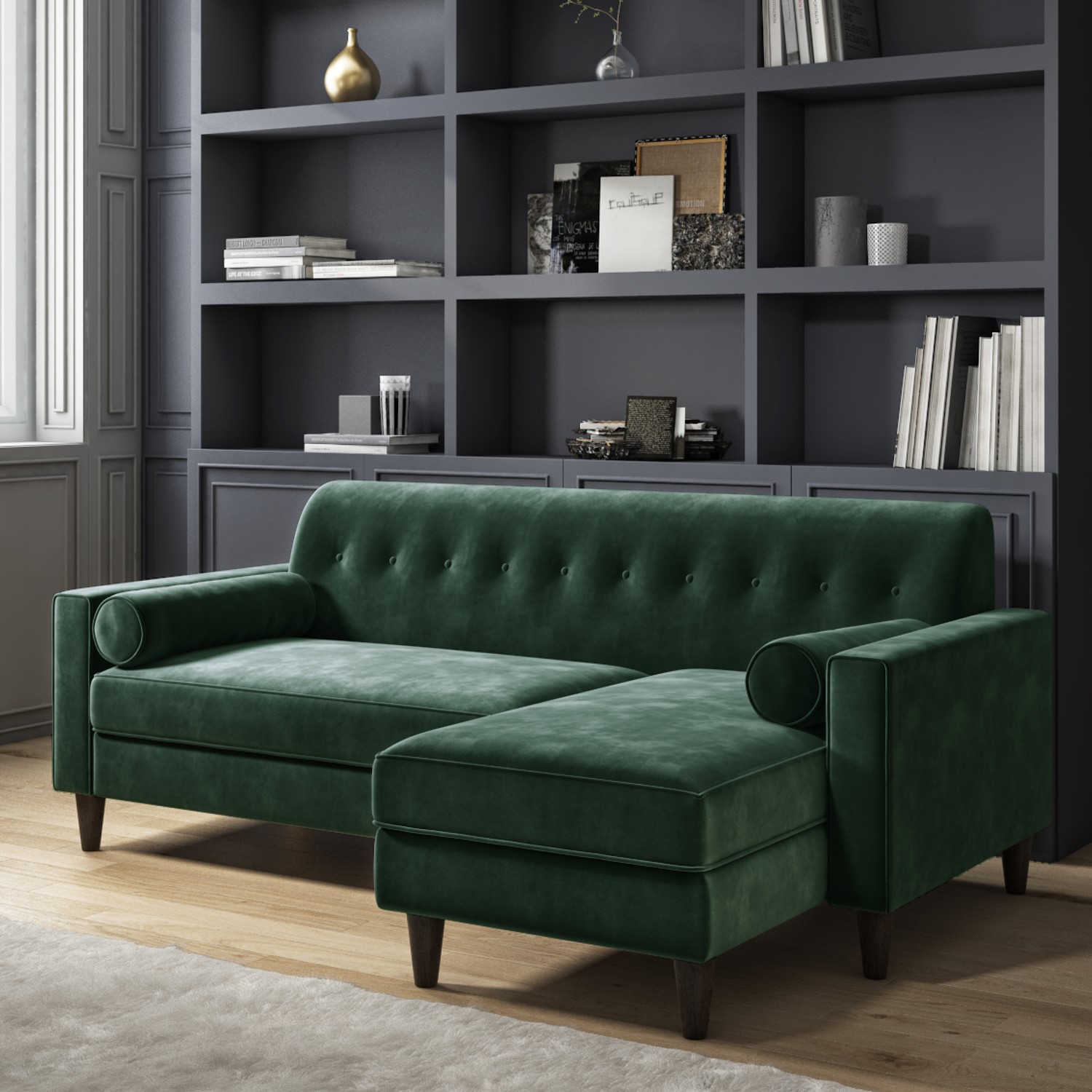 Dark Green Velvet Corner Sofa with Bolster Cushions  Seats 3  Idris