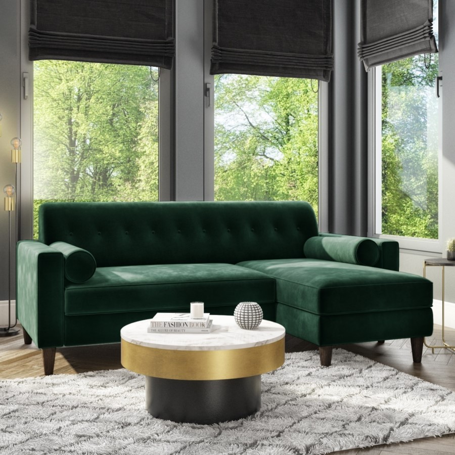 GRADE A2 - Right Hand Facing Dark Green Velvet Corner Sofa with Bolster Cushions - Seats 3 - Idris