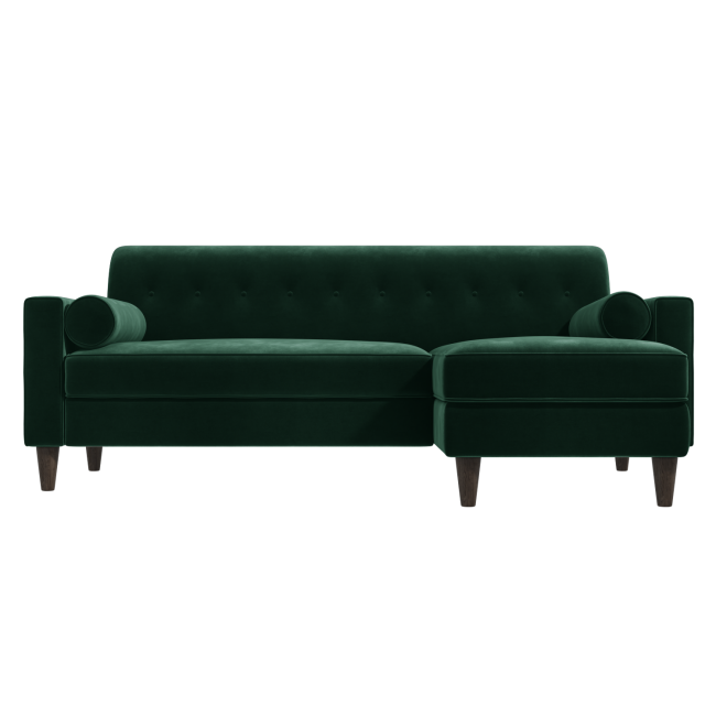 GRADE A2 - Right Hand Facing Dark Green Velvet Corner Sofa with Bolster Cushions - Seats 3 - Idris