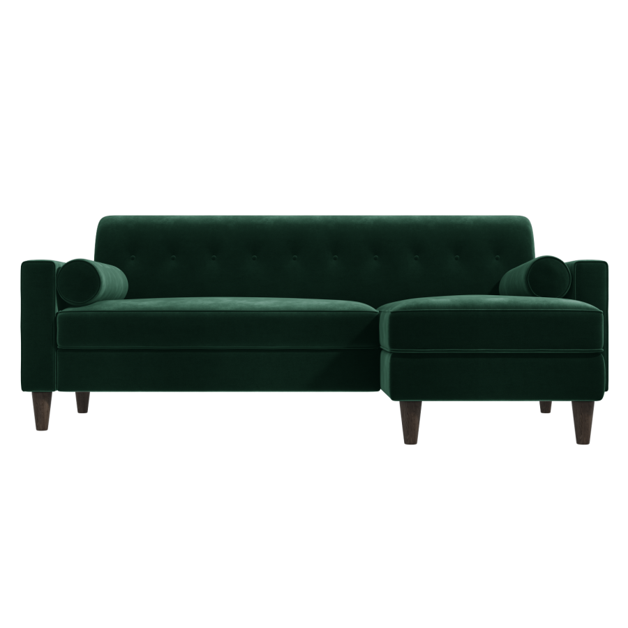 GRADE A2 - Right Hand Facing Dark Green Velvet Corner Sofa with Bolster Cushions - Seats 3 - Idris