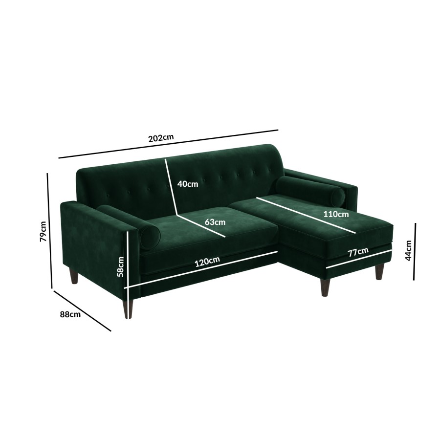 GRADE A2 - Right Hand Facing Dark Green Velvet Corner Sofa with Bolster Cushions - Seats 3 - Idris